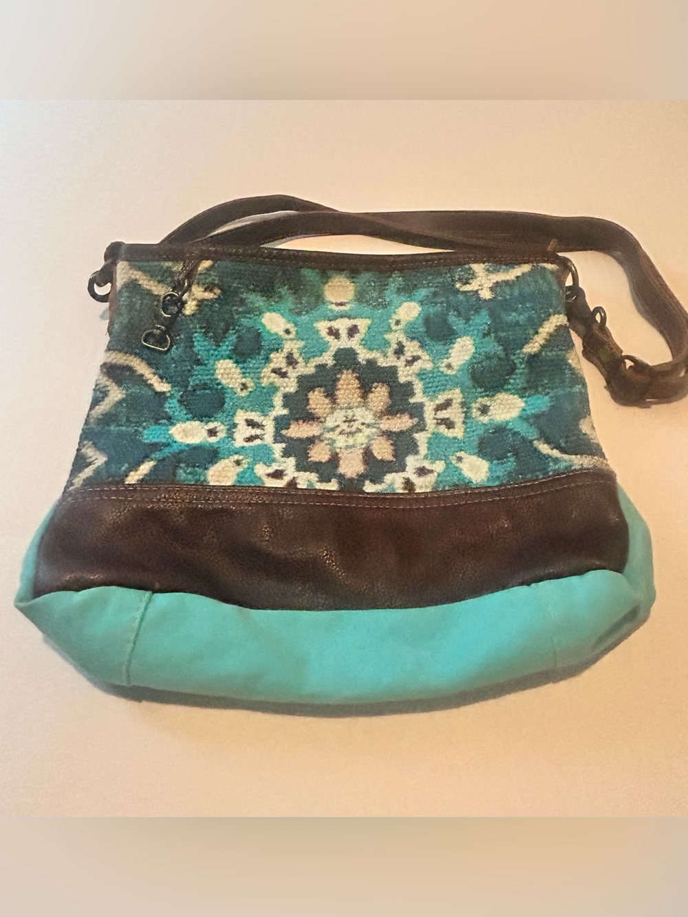 Myra Bag, Turquoise and Geometric Patterned Handbag with Leather Trim